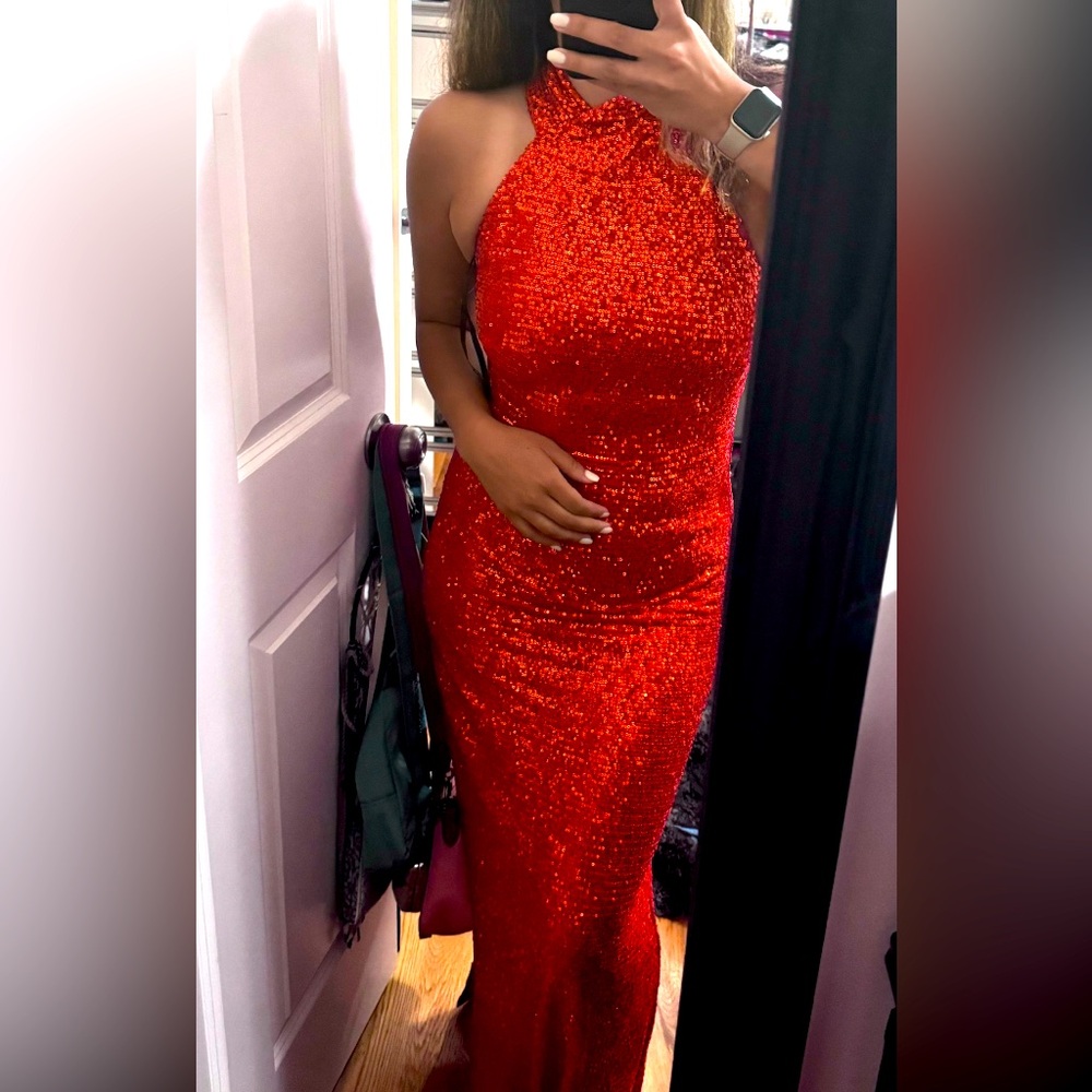 RACHEL Rachel Roy Burnt Orange Sequin Harland Gown